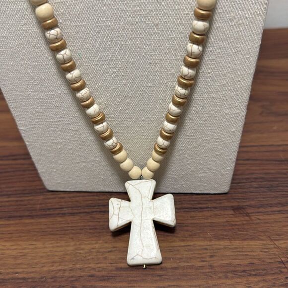 Rosary Necklace Long with Light Wood Beads & Natural Magnesite Stone Cross. - Picture 2 of 4